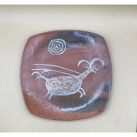 Studio Pottery Artist Native Signed Cave Painting Antelope & Sun 11” X 11” BC - Picture 5 of 12